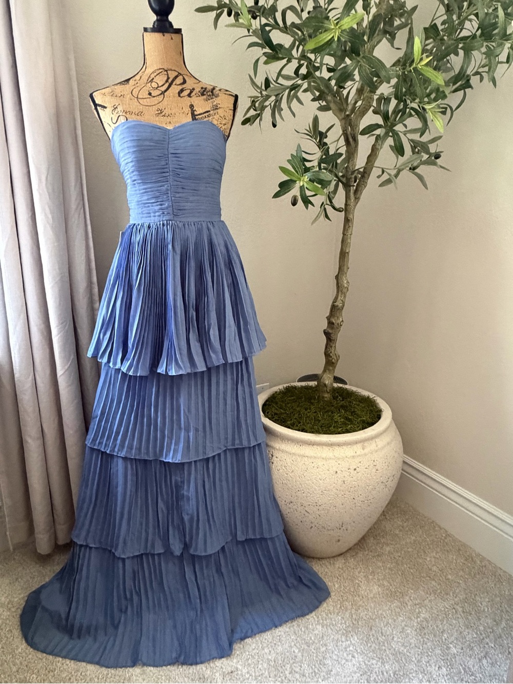 Strapless Blue Tiered Pleated Evening Dress